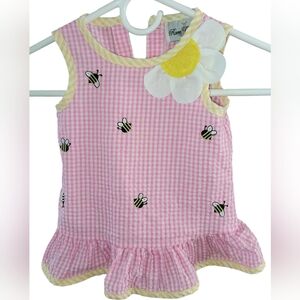 Rare Editions Pink Gingham Baby Dress with Bumblebee Embroidery/Flower Accent